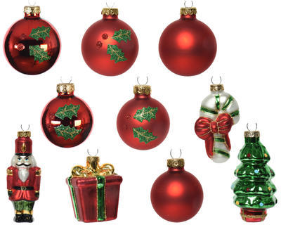 SET 20 ks skleněných vánočních ozdob, různé druhy, červená/ zelená, 4 cm, 6 cm, 11 cm, KSD