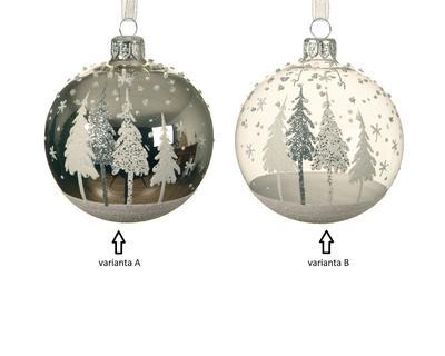 Vánoční skleněná ozdoba ZASNĚŽENÉ STROMY, 8 cm, 2 druhy, stříbrná, transparentní, KSD