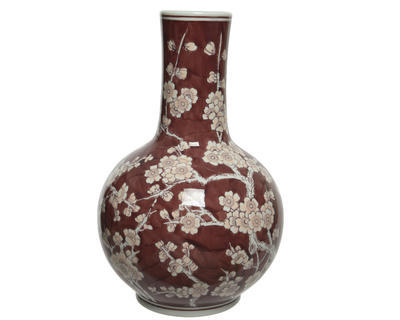 Váza, 34 cm, vínovo/krémová, ruční práce, porcelán, KSD