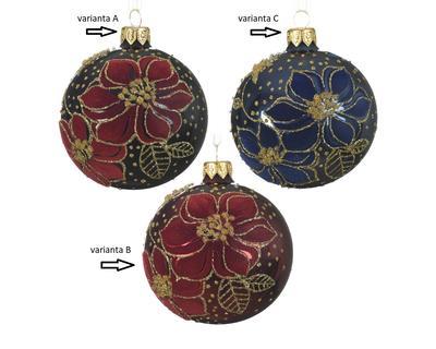 Vánoční skleněná ozdoba 2 FLOWERS, 8 cm, 3 druhy, temně červená/ modrá/ černá, KSD
