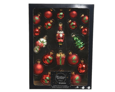 SET 20 ks skleněných vánočních ozdob, různé druhy, červená/ zelená, 4 cm, 6 cm, 11 cm, KSD - 2